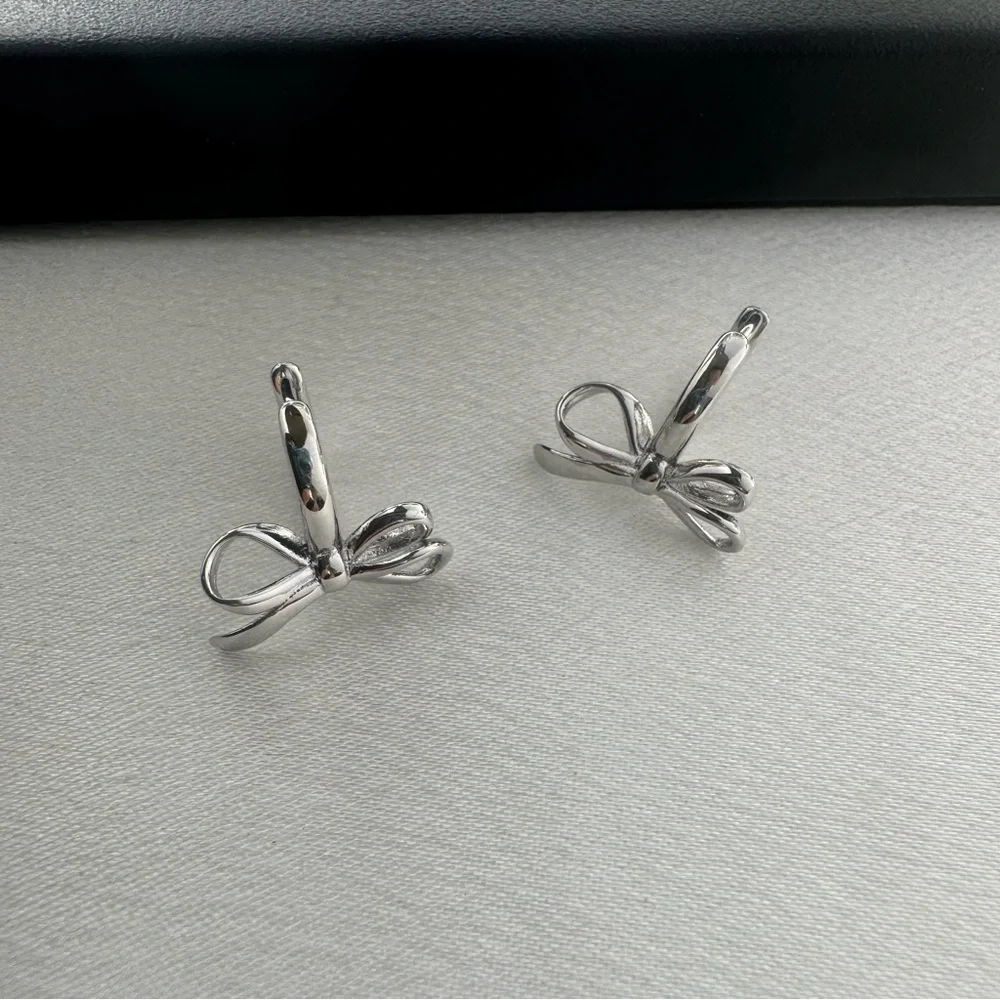 Huggie Bow Silver Hoop Earrings for Women - Picture 3 of 5